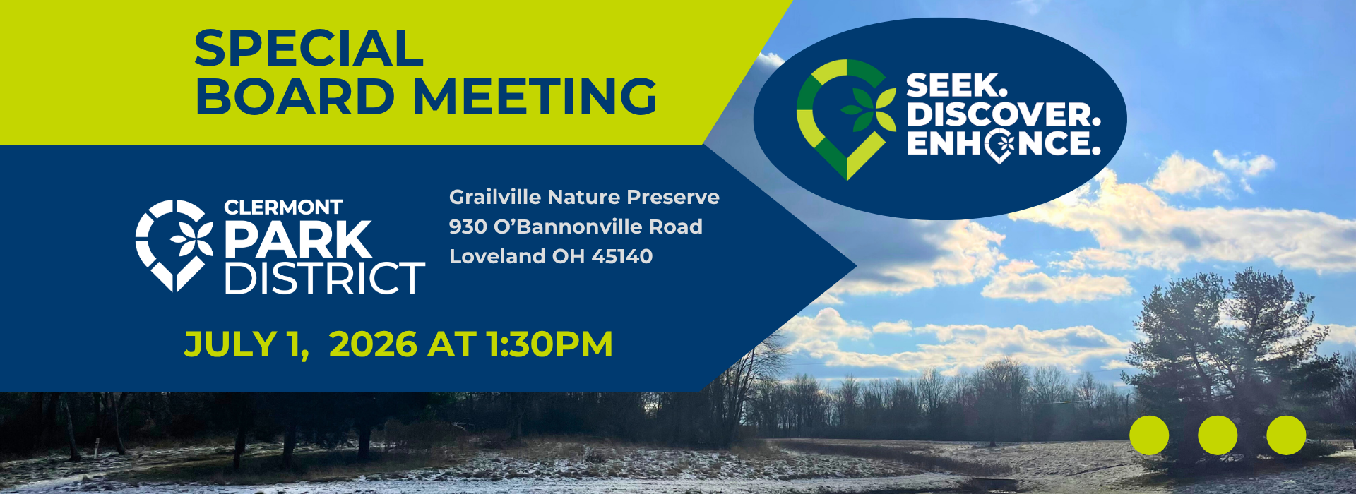There will be a special board meeting July 1, 2026 at Grailville Nature Preserve